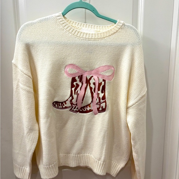 NWT Willow & Wind cow print cowgirl boots and pink bow sweater - L - Picture 1 of 7
